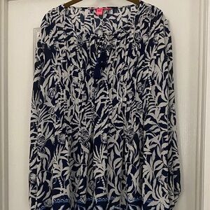 Navy and White Leaf Print Blouse